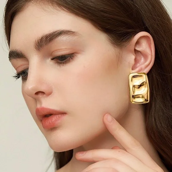 24K Gold Rectangular Earrings*Statement Earrings*Waterproof*Sweatproof - Picture 2 of 5
